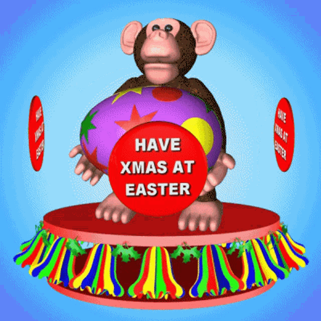 a monkey holding an easter egg with the words have xmas at easter on it