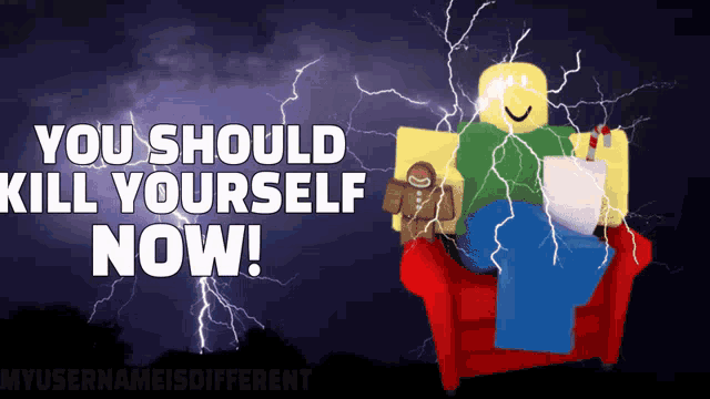 a poster that says you should kill yourself now with a gingerbread man on a couch