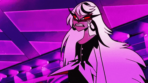 a cartoon character with long white hair and red eyes is standing in front of a purple wall .