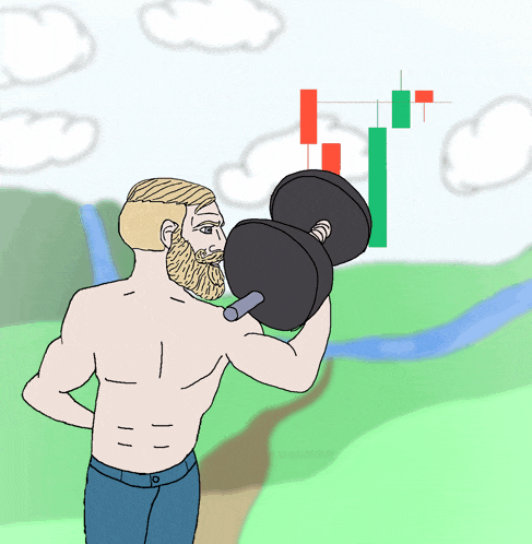 a cartoon of a shirtless man lifting a dumbbell in front of a graph