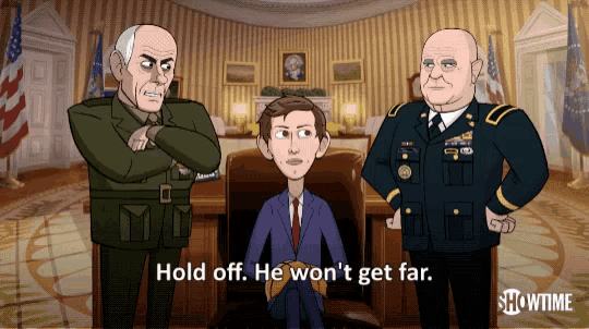 a cartoon of a man sitting in a chair with the words hold off he won t get far