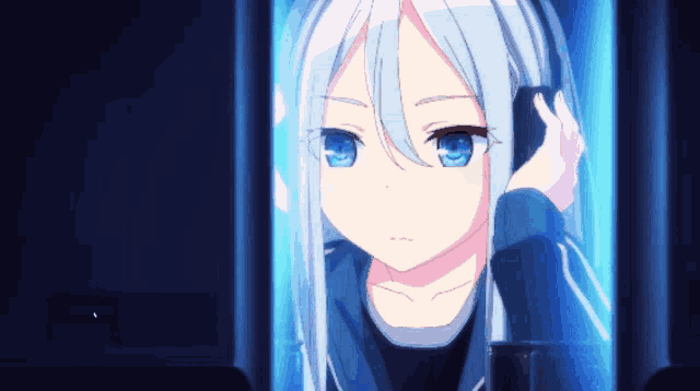 a girl with long white hair and blue eyes is standing in a dark room