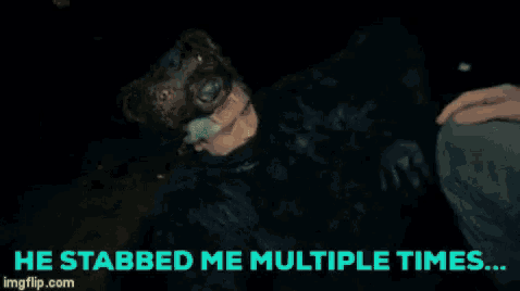 a man is laying on the ground with the words he stabbed me multiple times below him