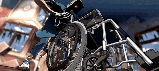 a cartoon of a man pushing a wheelchair with a sign that says army in the background