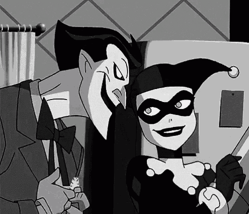 the joker and harley quinn are posing for a picture together in a black and white photo .