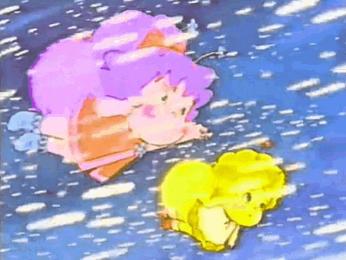 a purple and yellow cartoon character are flying through the air
