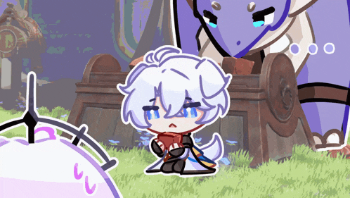 a cartoon drawing of a boy sitting in the grass with his eyes closed