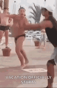 a group of men are dancing in front of a pool with the words `` vacation officially starts '' written on the bottom .