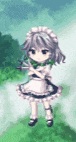 a pixel art of a girl in a maid outfit standing on a grassy hill .