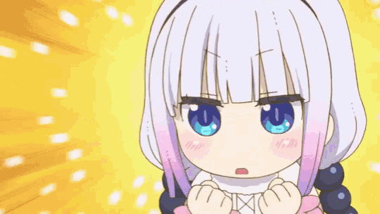 a girl with white hair and blue eyes looks angry with a heart in the background
