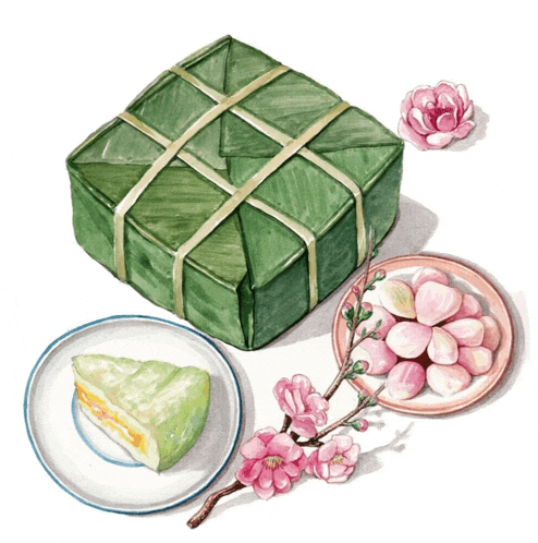 a painting of a box of food and a plate of food with flowers