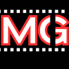 a red and white logo for mg films on a black background