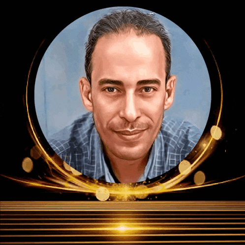 a portrait of a man in a circle with gold lines around it