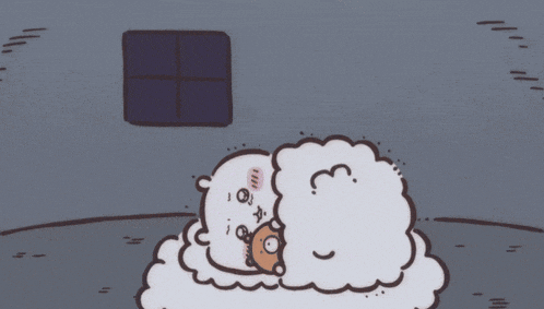 a cartoon drawing of a sheep sleeping in a dark room