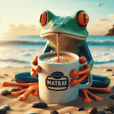 a frog sits on the beach drinking from a matrax coffee mug