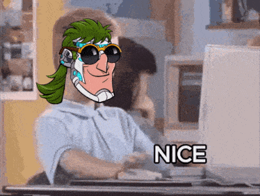 a cartoon of a man wearing sunglasses is sitting in front of a computer and says nice
