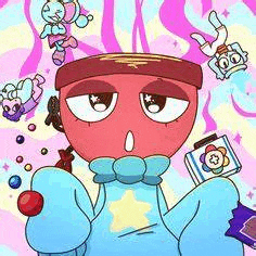 a cartoon character in a blue sweater is holding a cherry and a box of candy .