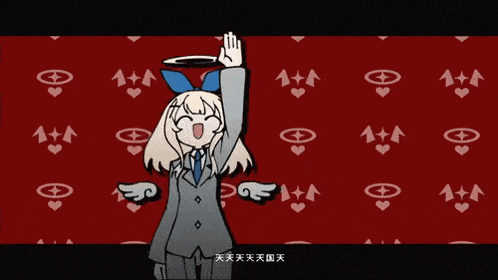 a cartoon of three girls with their arms in the air and a red background with hearts and arrows