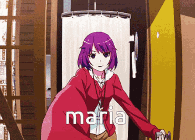 a girl with purple hair is standing in front of a door and the word maria is on the bottom left