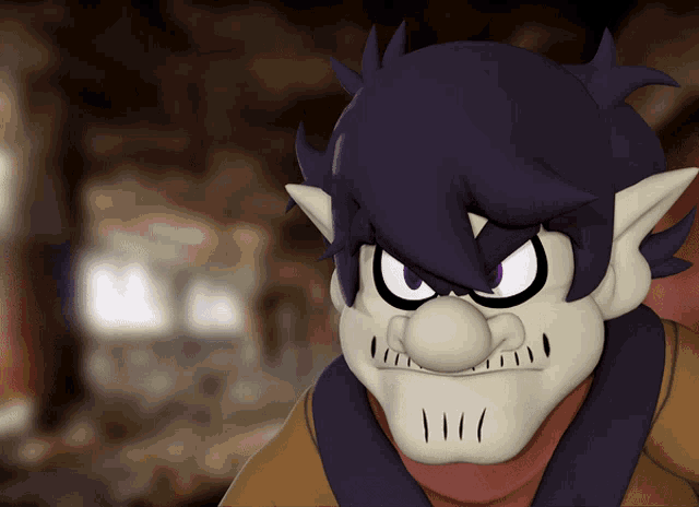 a close up of a cartoon character with purple hair and a scarf around his neck