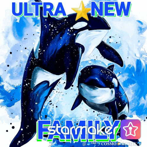 a poster with killer whales and the words ultra new