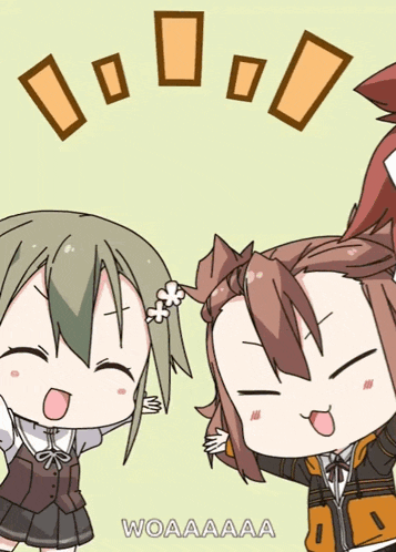 a cartoon drawing of two girls with the word woaaaa on the bottom right