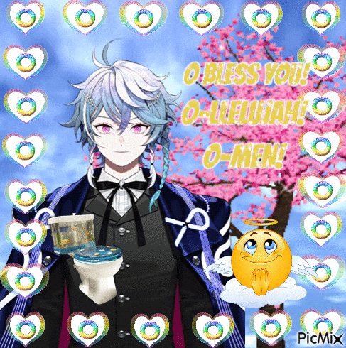 a picture of a boy holding a toilet with the words " o bless you " on the top