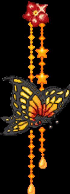 a pixel art of a butterfly with a red flower on top