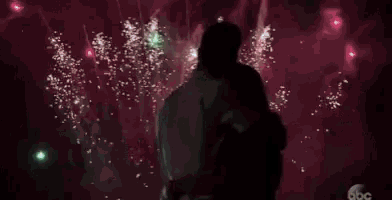 a man and woman are hugging while watching fireworks .