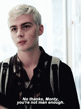 a young man with blonde hair is wearing a backpack and says no thanks monty you 're not man enough