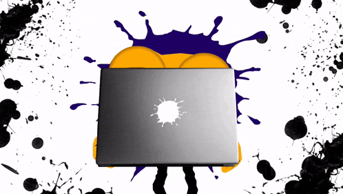 a laptop is surrounded by purple and yellow splashes of paint