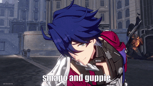 a video game character with blue hair and the words smapo and guppie