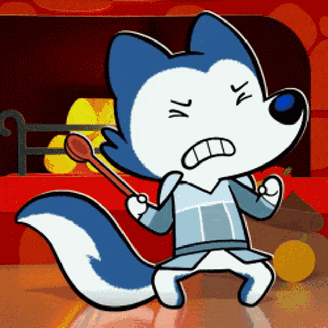 a cartoon of a husky holding a spoon and making a face