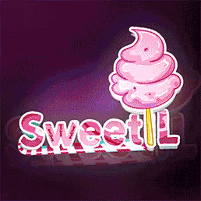 a neon sign that says sweetl with a pink cotton candy on a stick