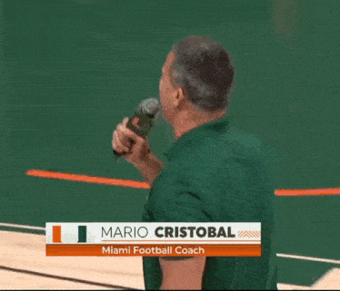 a man holding a microphone with the name mario cristobal on it