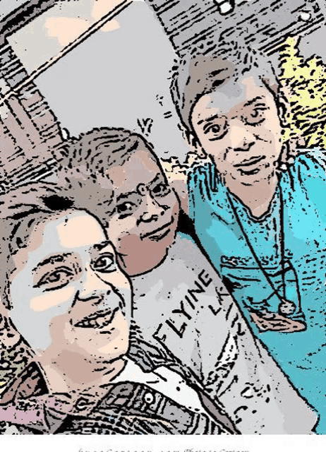 a drawing of three people with one wearing a t-shirt that says flying la