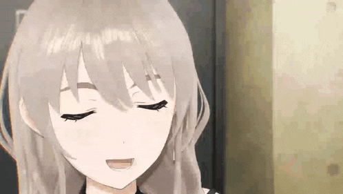 a close up of a anime girl with her eyes closed and a smile on her face .