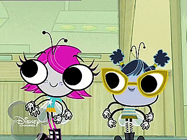 two cartoon characters from disney channel are standing next to each other in a kitchen