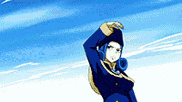 a woman with blue hair and a blue jacket is standing in front of a blue sky .