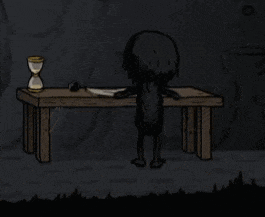 a cartoon of a person sitting at a table with a hourglass on it