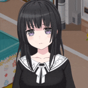 a girl with black hair and purple eyes is wearing a black dress