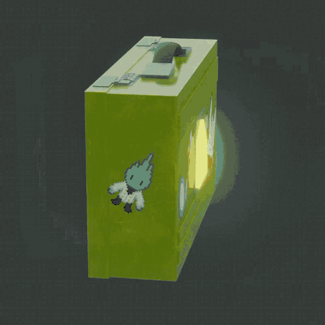 a green briefcase with stickers on it and a glowing house