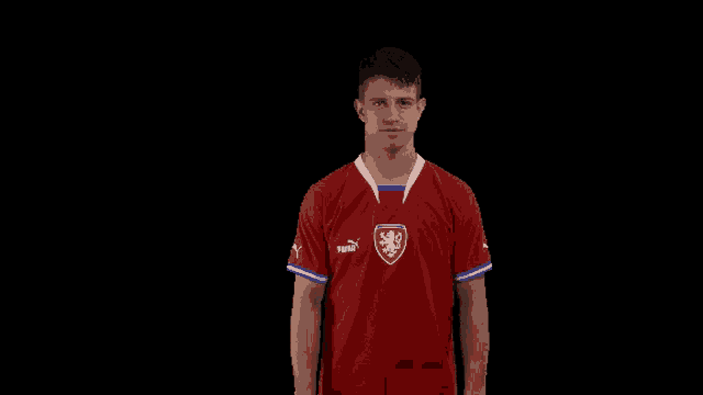 a man in a red shirt with a lion on it