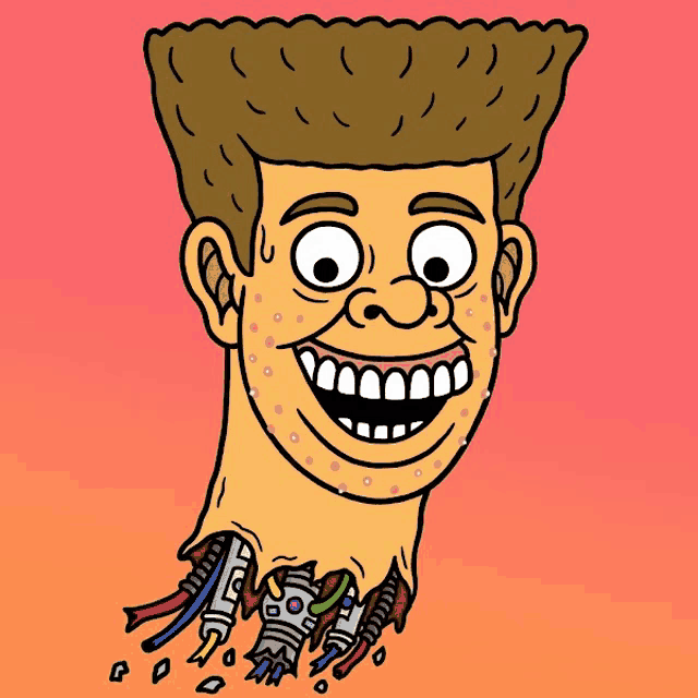 a cartoon drawing of a man with a robotic arm sticking out of his chest