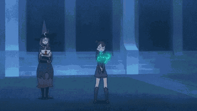 a cartoon of a witch standing next to a monkey that is smiling