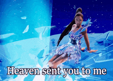 a woman in a blue dress sits on a blue surface with the words heaven sent you to me