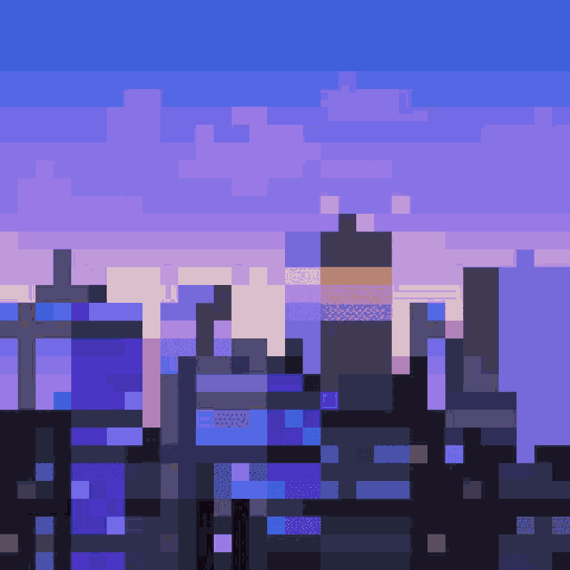 a pixel art of a city skyline with purple buildings
