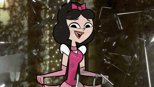 a cartoon girl in a pink dress with a bow on her head