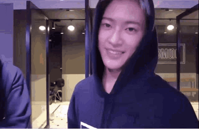 a young man wearing a blue hoodie is standing in a room .