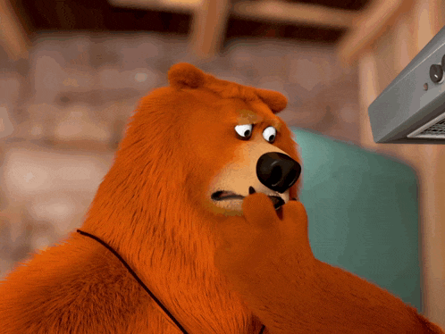 a cartoon bear is wearing a black lanyard around its neck